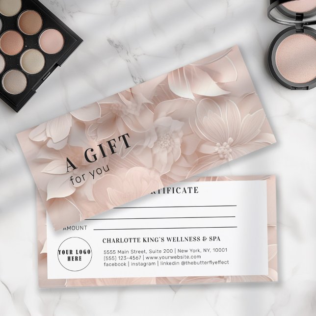 Luxe, Beige-Blanc, Fleur, Logo (Luxury, Blush-Beige, Flower, Gift Certificate with your data & your own Logo. Edit & upload easy.)