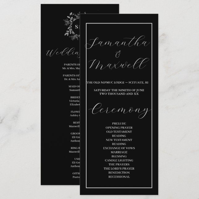 Luxe Black Elegant Wedding Programme (Devant / Derrière)