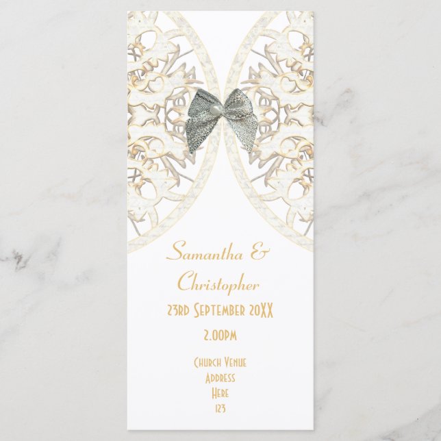 Luxe blanc dentelle damask église programme de mar (Devant)