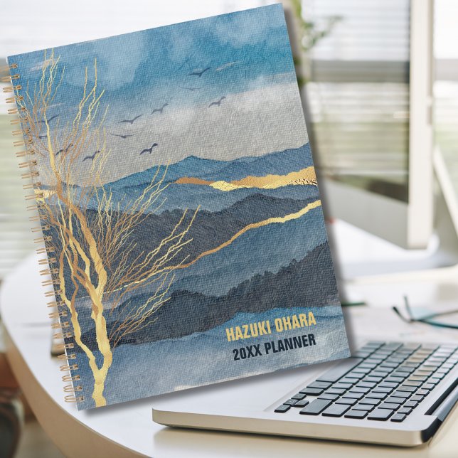 Luxe Blue Gold Watercolor Mountain (Créateur téléchargé)