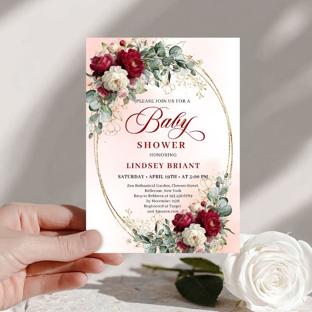 Luxe Boho Marron Floral Or Baby Shower Invitation (Luxe Boho Maroon Floral Gold Baby Shower Invitation)
