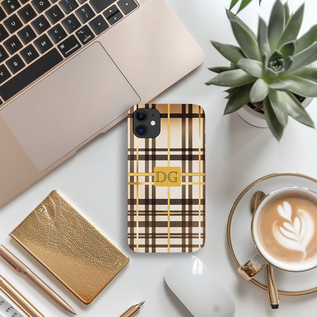 Luxe Classique Taupe et coque iphone Gold Plaid (Stylish Luxe Classic Tan and Beige Plaid iPhone Case )