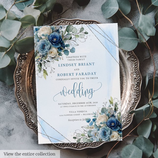Luxe Dusty Blue Silver Floral Faire-part de mariag (Luxury Dusty Blue Silver Floral Wedding Invitation)