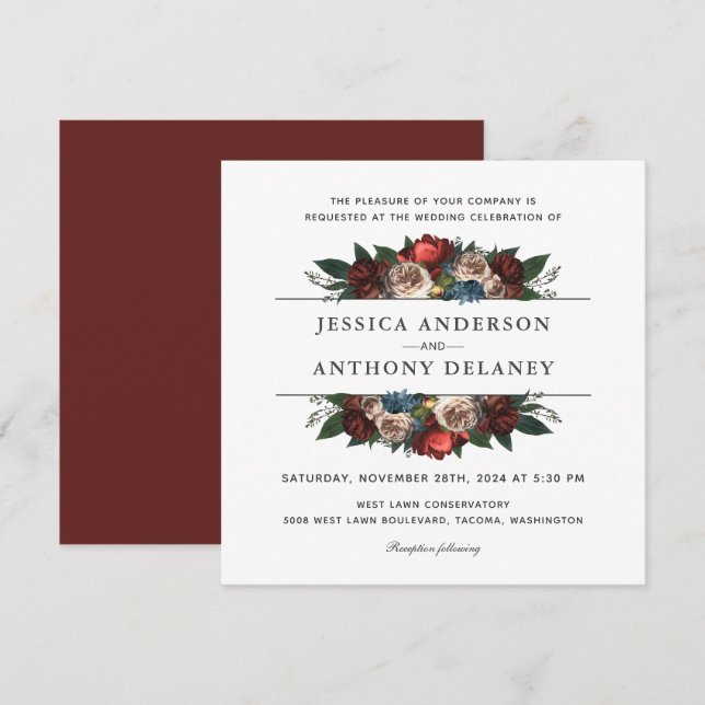 Luxe Elegant Floral Mariage Carré Invitation (Devant / Derrière)