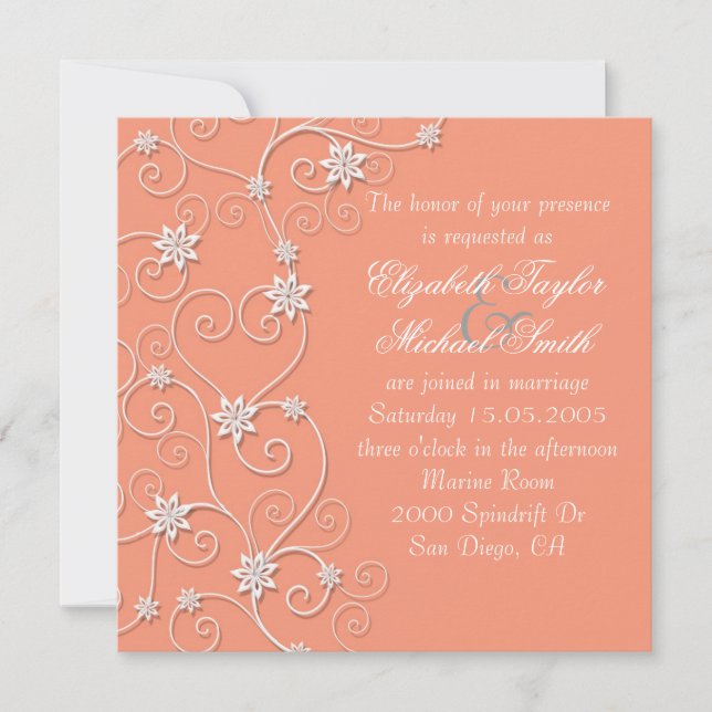 Luxe Elegant White Swirls Coral Wedding Invitation (Devant)