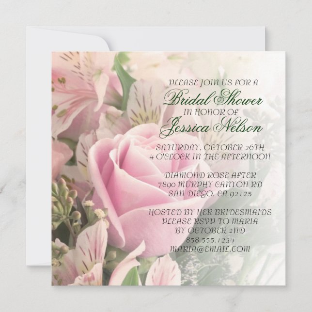 Luxe Elégante Fleurs Roses Bouquet Invitation Douc (Devant)
