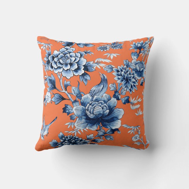 Luxe floral bleu sur oreiller à lancer orange (Verso)