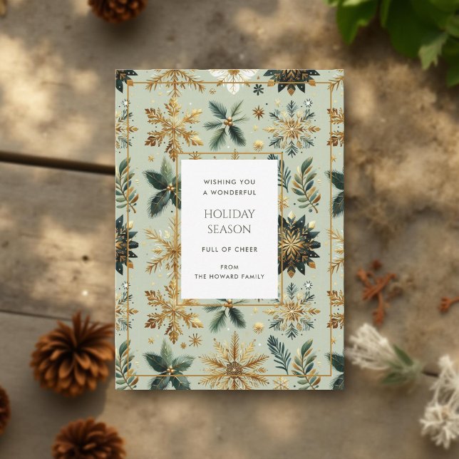 Luxe Green Gold Snowflake Elégante carte de vacanc (Créateur téléchargé)