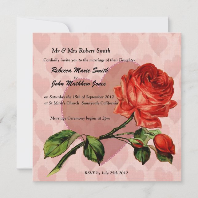 Luxe Lin rouge coeur rose faire-part de mariage (Devant)