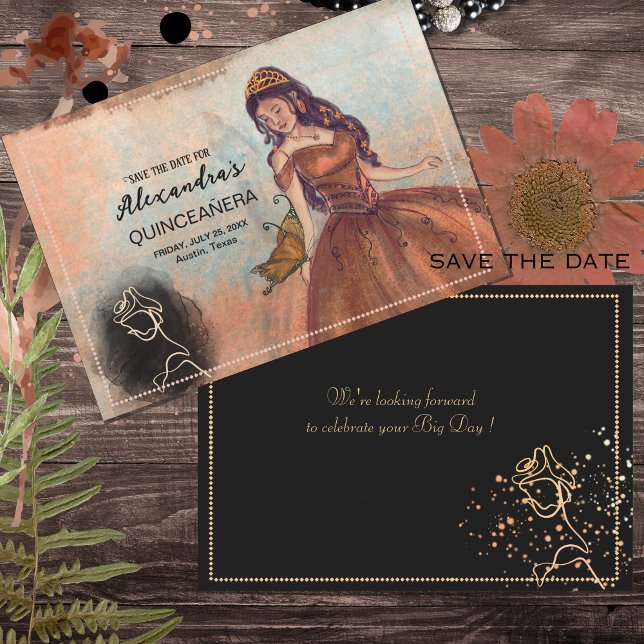 Luxe métallisé cuivre faire-part de sauvegarde de  (Elegant Vintage Copper Rose Quinceañera Save The Date)
