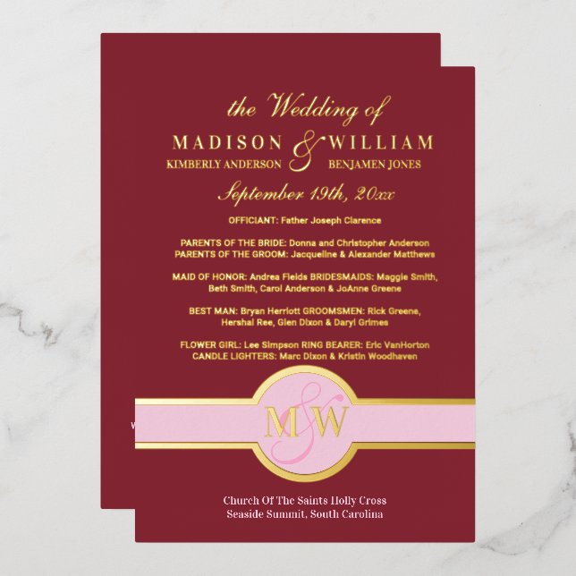 Luxe Monogramme Programme de mariage Bourgogne Or (Recto/Verso)