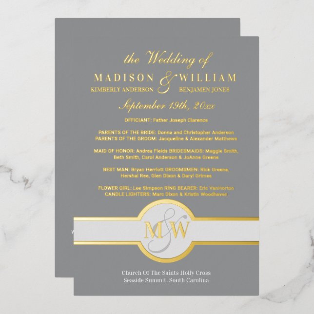 Luxe Monogramme Programme De Mariage Gris Et Or (Recto/Verso)