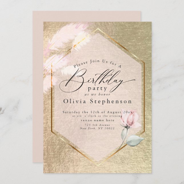 Luxe Pink Gold Floral Invitation d'anniversaire (Devant / Derrière)