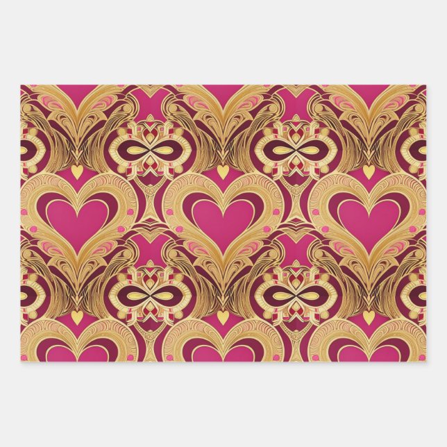 Luxe Pink Gold Hearts Valentine Wrapping Papier (Devant)