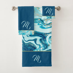 Luxe Turquoise Ocean Blue Gold Marble Monogramme N