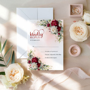 Luxueux Boho Rouge Profond Or Floral Mariage RSVP