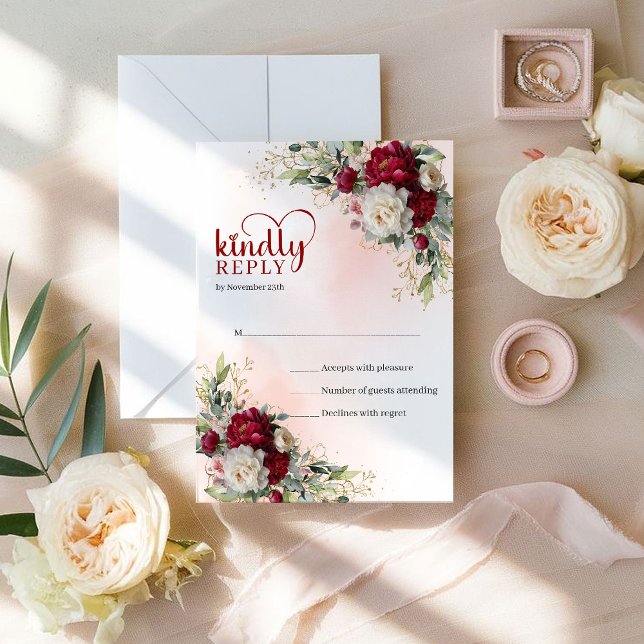 Luxueux Boho Rouge Profond Or Floral Mariage RSVP (Luxury Boho Deep Red Gold Floral Wedding RSVP)