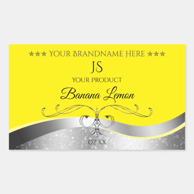 Luxueux Étiquette Monogramme Jaune Wavy Silver (Devant)