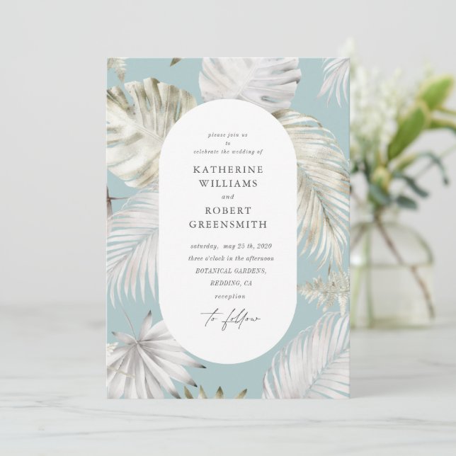 Luxueux Faire-part de mariage Tropical Foliage ble (Debout devant)