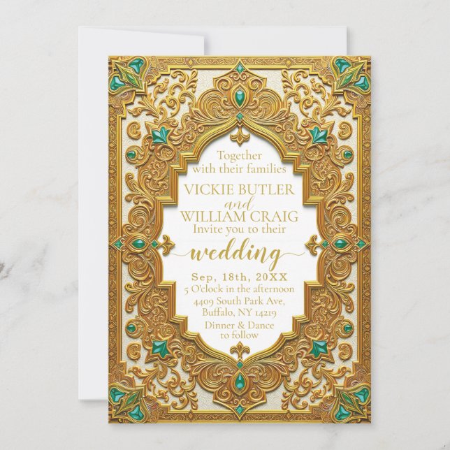 Luxueux Gold & Emerald Faire-part de mariage (Devant)