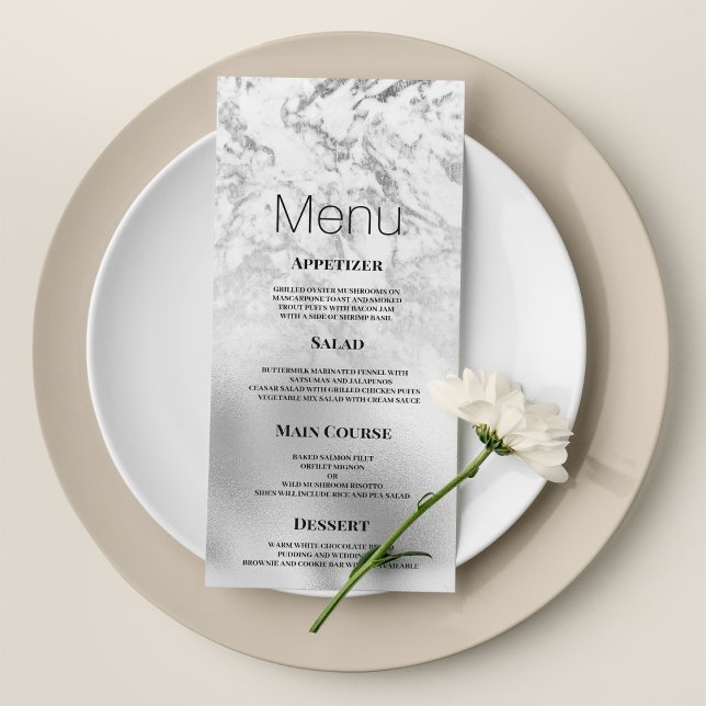 Luxueux gris blanc marbré argenté Mariage Menu (Luxurious gray white silver marble Wedding Menu)