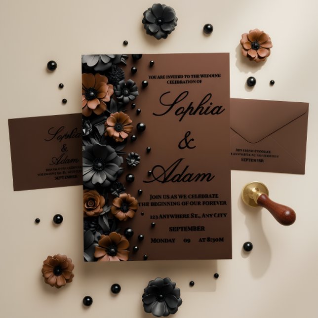 Luxury 3D Floral Bronze & Black Wedding Invitation (Créateur téléchargé)