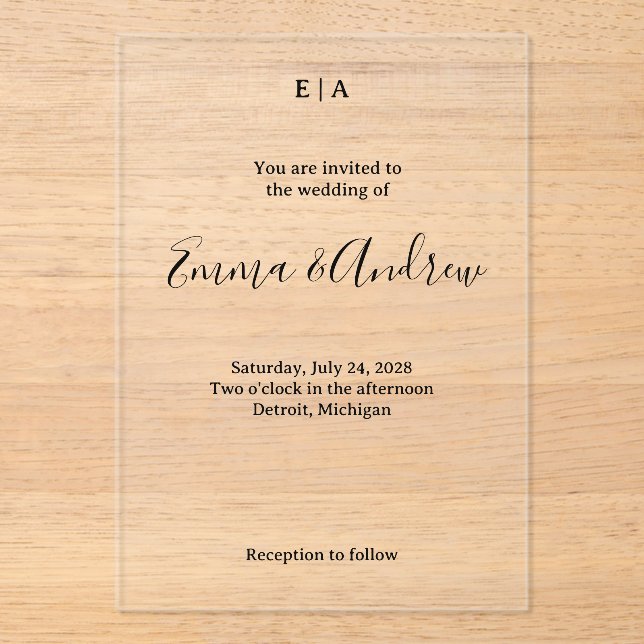 Luxury Acrylic Wedding Invitation | Clear, Custom (Recto)