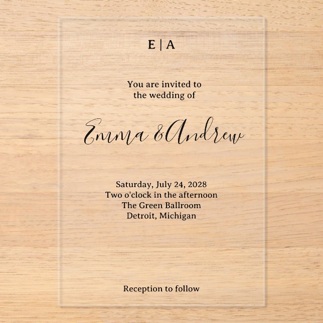 Luxury Acrylic Wedding Invitation | Clear, Custom (Recto)