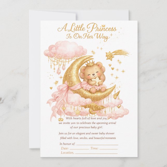 Luxury Baby Girl Shower Invitation Pink Gold Moon  (Devant)