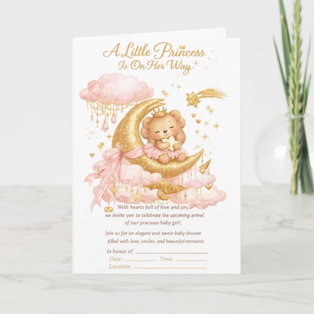 Luxury Baby Girl Shower Invitation Pink Gold Moon  (Devant)