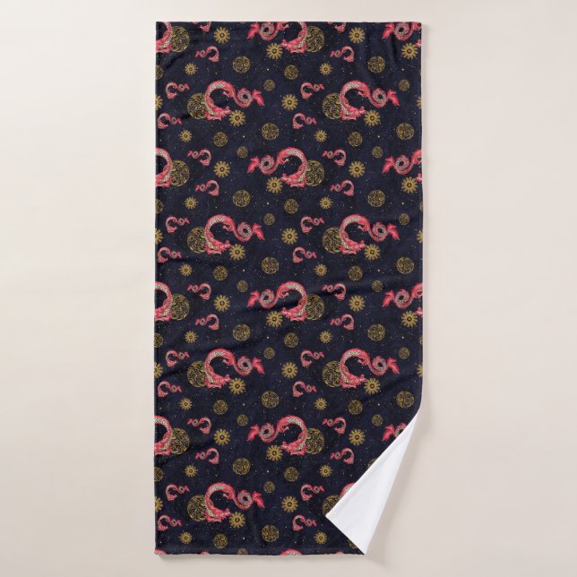 Luxury Bath Towel with Red Chinese Dragons & Gold (Serviette de bain)