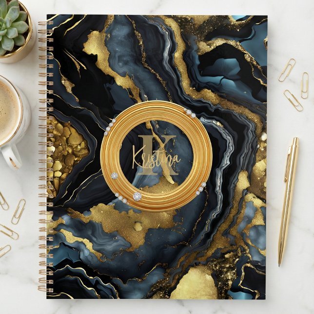 Luxury Glam Black Blue Gold Agate Marble Monogram (Créateur téléchargé)