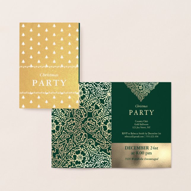 Luxury Gold Foil Green Christmas Party Invitations (Affichage)