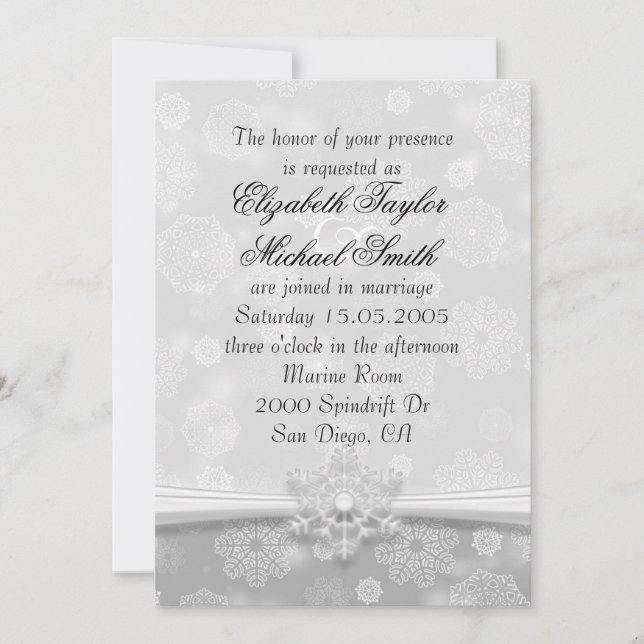 Luxury Grey Snowflakes Hiver Mariage Invitation (Devant)