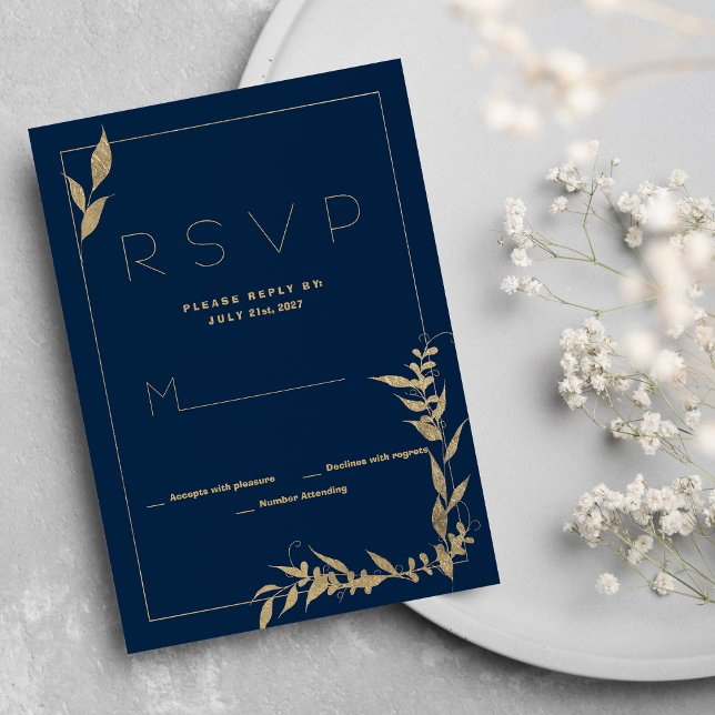 Luxury marine bleu or feuillage RSVP Invitation (Luxury navy blue gold foliage RSVP)