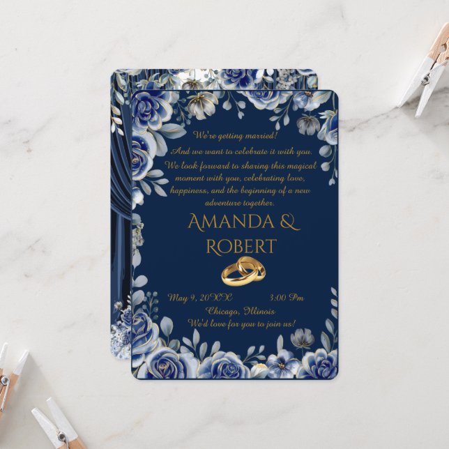 Luxury Navy Blue and Gold Wedding Invitation with  (Devant/Arrière en situation)