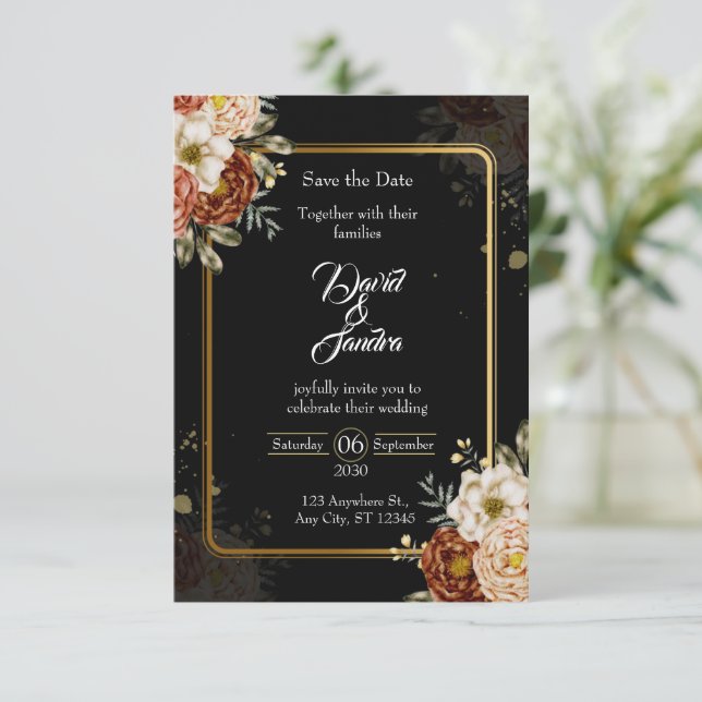 Luxury Navy & Gold Floral Wedding Invitation (Debout devant)