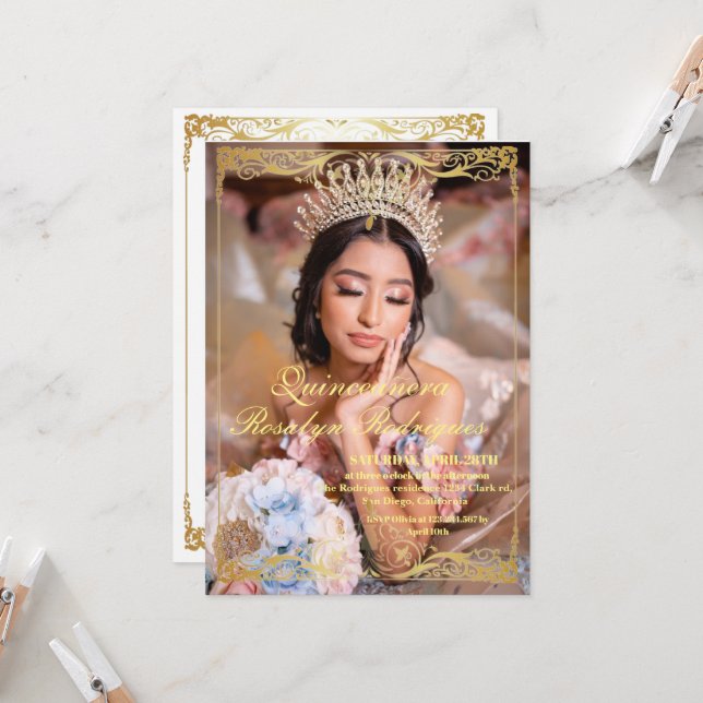 Luxury Quinceanera Gold White Photo Invitation (Devant/Arrière en situation)