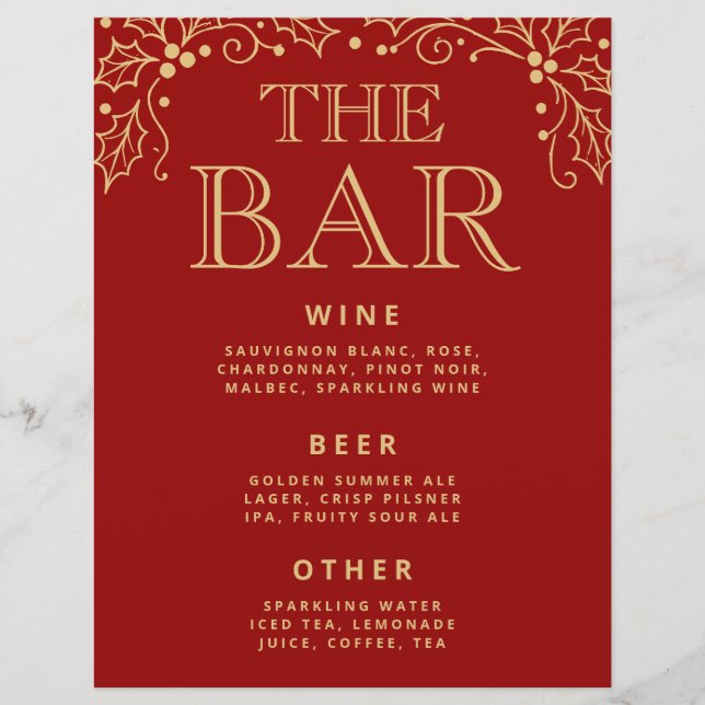 Luxury Red & Antique Gold Wedding Bar Menu Sign (Devant)