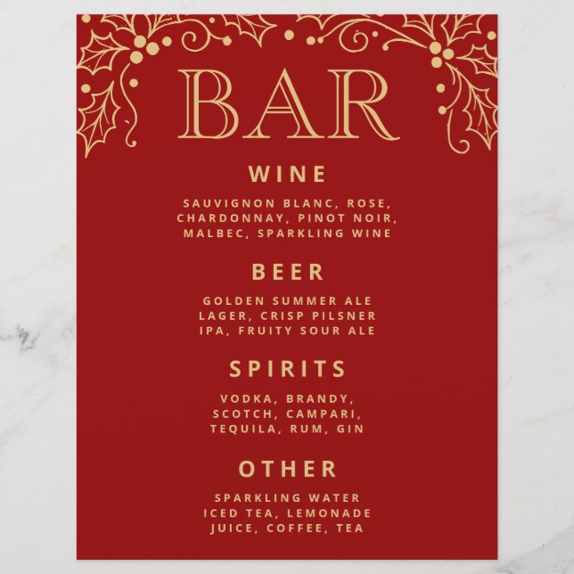 Luxury Red Antique Gold Wedding Bar Menu Tabletop (Devant)