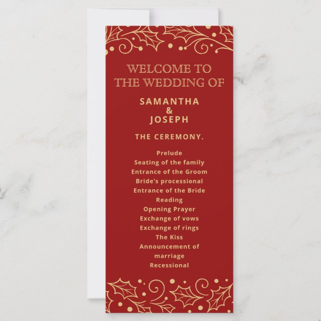 Luxury Red & Antique-Gold Wedding Program Card (Devant)