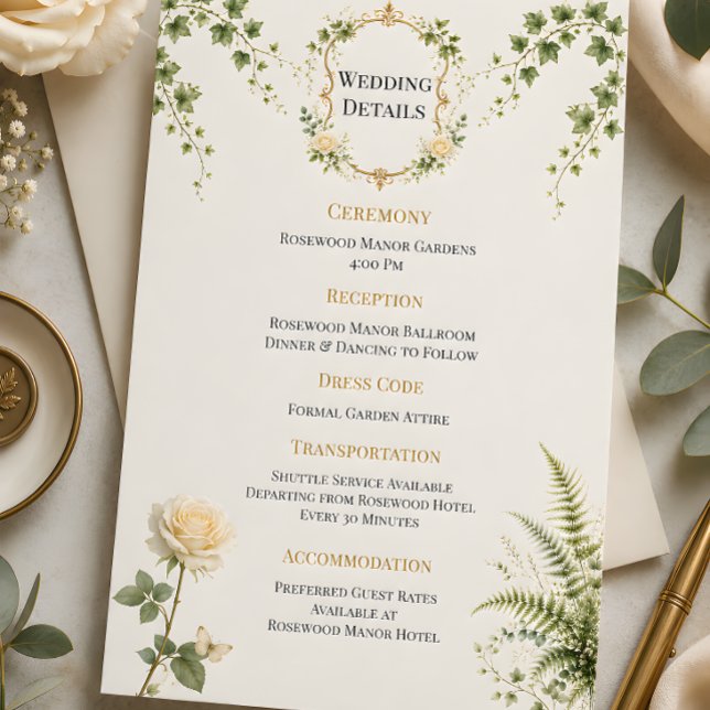 Luxury Secret Garden Wedding Details Card (Part of the luxury secret garden wedding theme, details card)