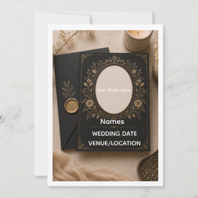 Luxury Vintage Black & Gold Wedding Invitation (Devant)