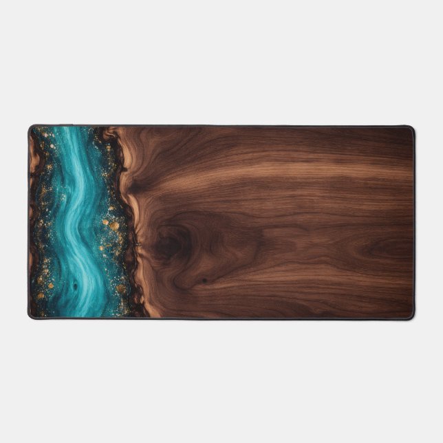 Luxury Walnut Wood and Teal Resin Art Desk Mat (Recto)