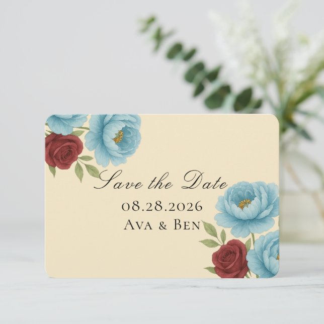 Lyons Blue Peony & Red Rose Enregistrer la date (Debout devant)