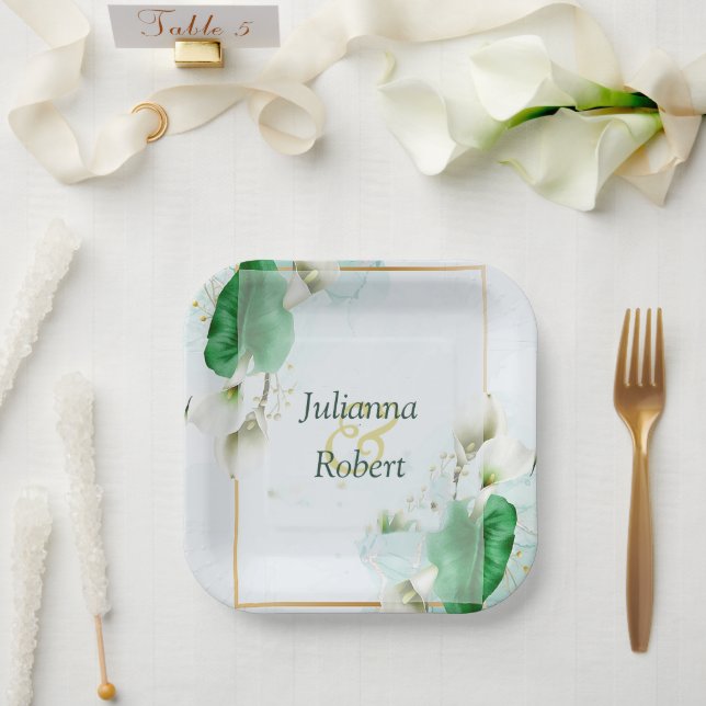 Lys calla blancs assiettes en papier (Mariage)