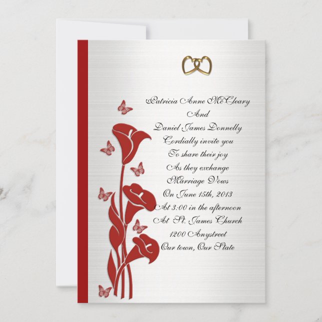 Lys calla rouge faire-part de mariage et papillons (Devant)