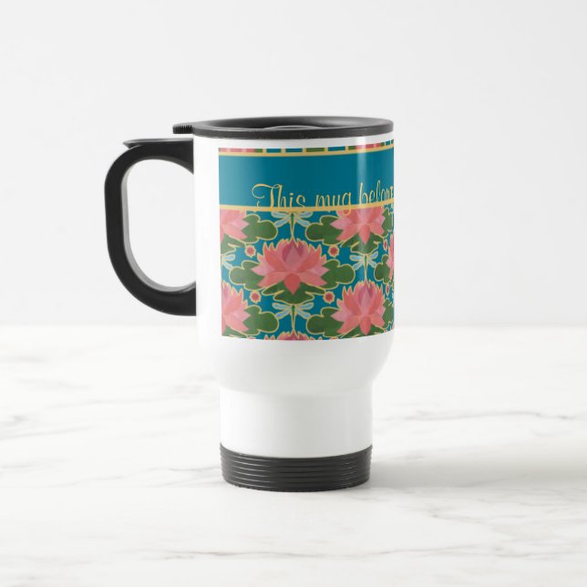 Lys d'eau rose, libellules, Mug de voyage personna (Gauche)