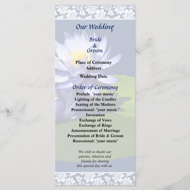 Lys d'eau violette dans le programme de mariage so (Devant)