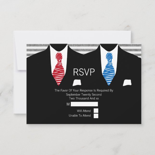 M. et M. Suit Red Blue Cravates Gay Wedding RSVP (Devant)